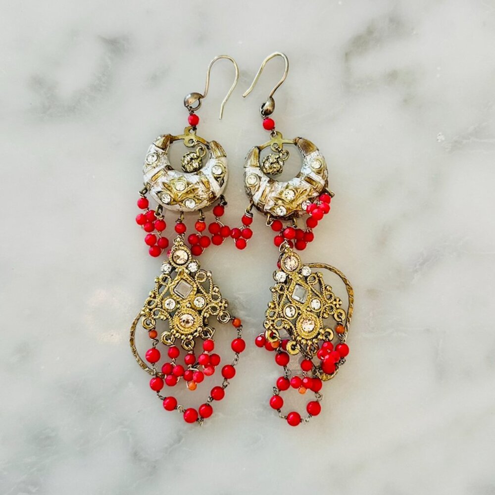 Gold Vermeil Drop Earrings with Rhinestones and Beads